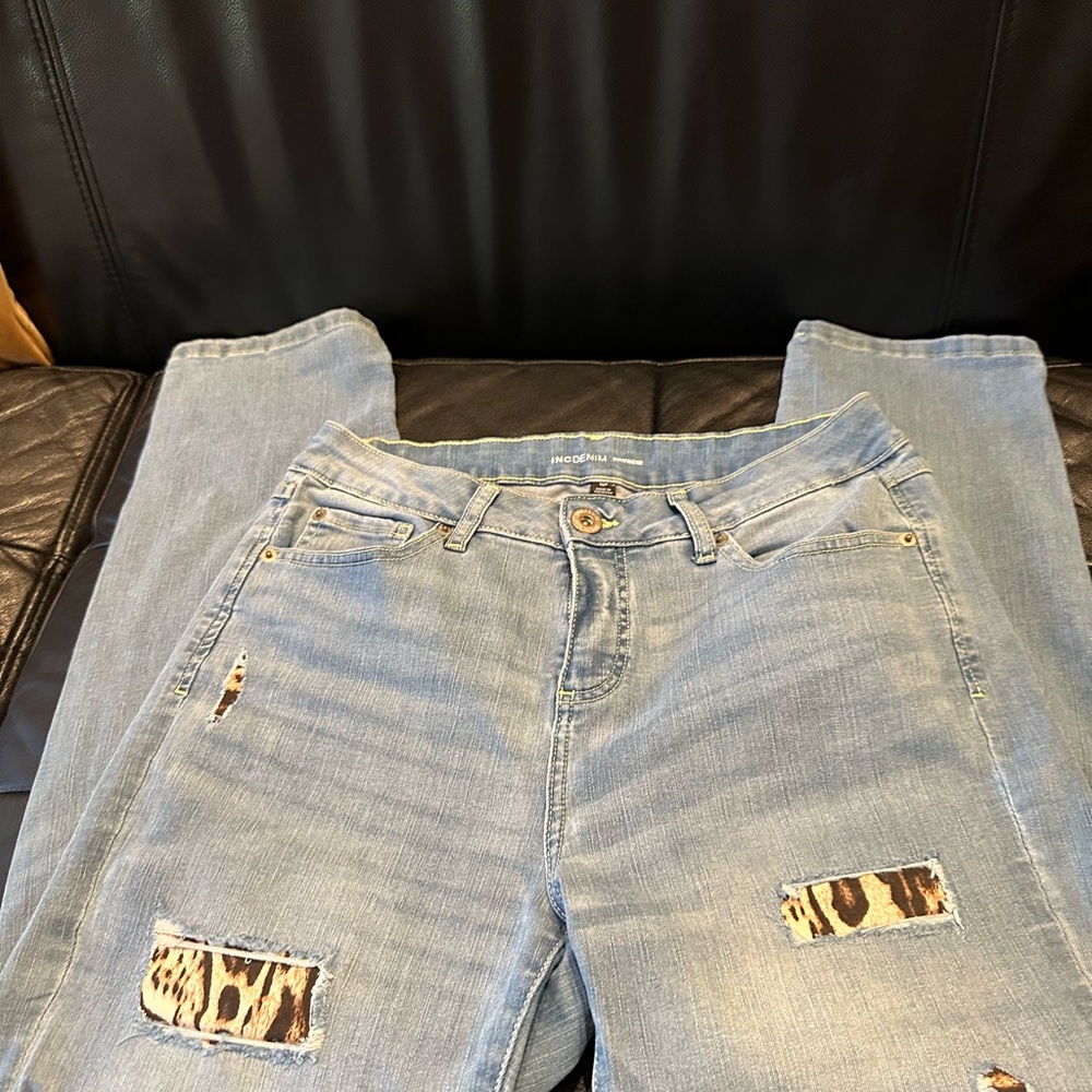 INC Denim Distressed Boyfriend Jeans with Cheetah patches